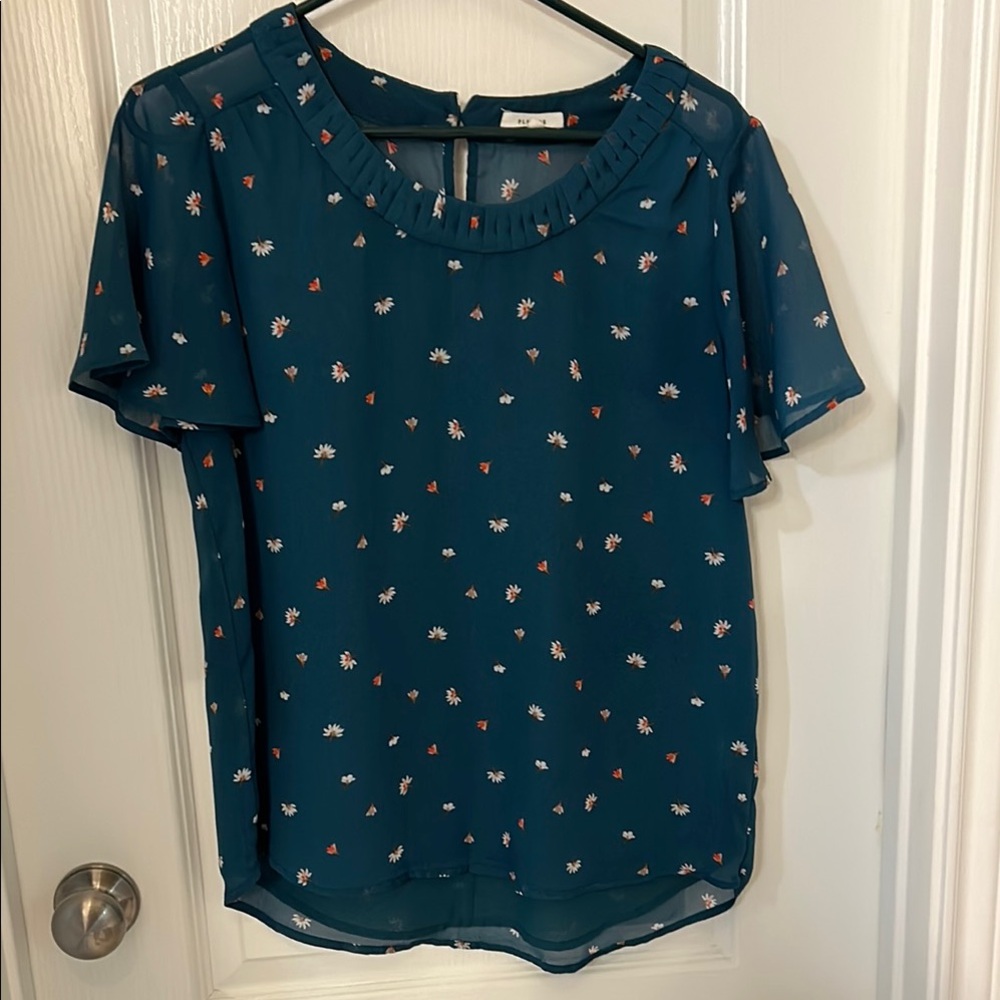 Pleione Blue Flutter Sleeve Blouse